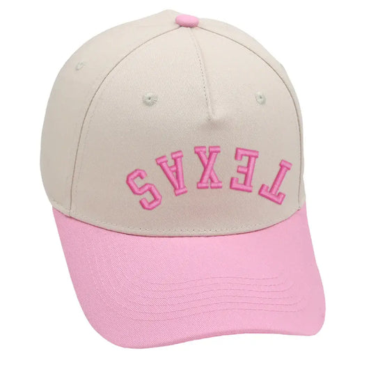 Texas upside down hat in pink with 3D embroidery, adjustable fit, perfect for all Texas fans.