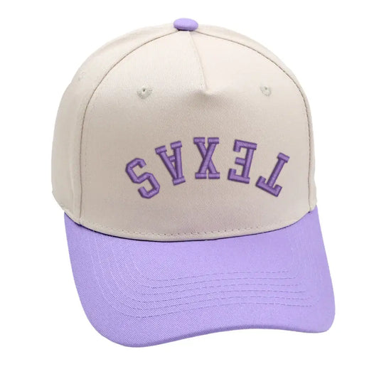 Texas Upside Down Hat in purple with 3D embroidery, adjustable, unisex design for lasting comfort and style.
