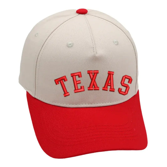 Texas hat in red and beige with 3D embroidery, adjustable buckle, unisex design, available in classic and upside down styles.